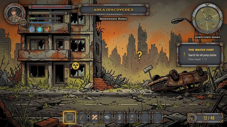 Comic/cartoon post-apocalyptic game HUD with health bars, minimap and hotbar