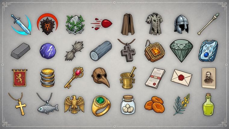Grid of comic/cartoon item icons
