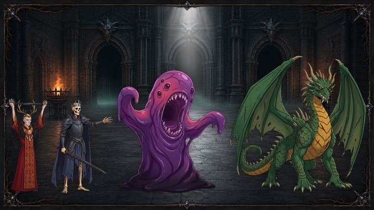 Comic/cartoon monster sprites: cultist, skeleton lord, slime and dragon