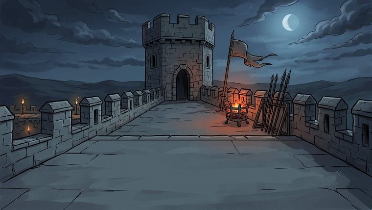 Comic/cartoon castle battlements at night