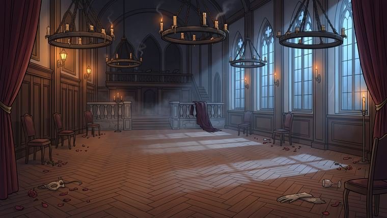 Comic/cartoon Victorian ballroom at dawn