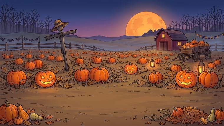 Comic/cartoon moonlit pumpkin patch