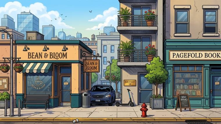 Comic/cartoon modern downtown city street