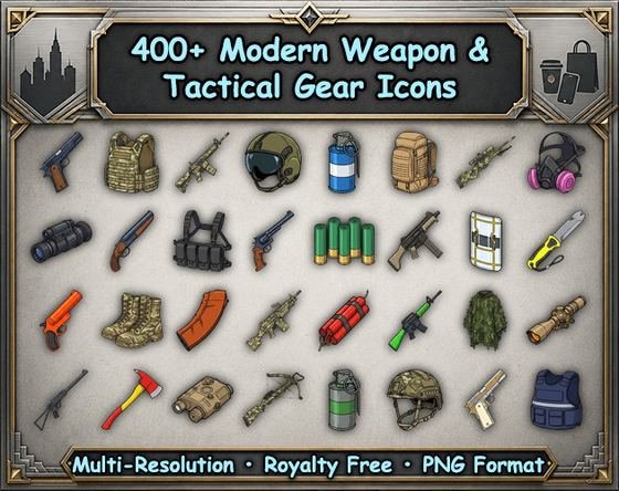 Weapon and tactical gear icons pack cover
