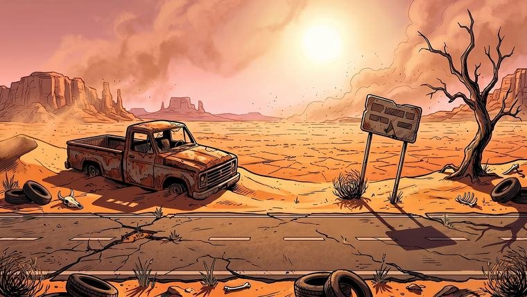 Comic/cartoon post-apocalyptic desert highway