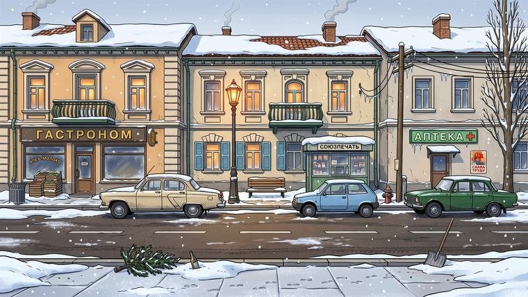 Comic/cartoon snow-covered Soviet city street